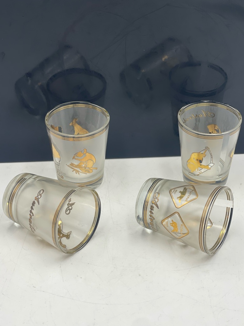 4 Australian Themed Souvenir Shot Glasses w/Gold Kangaroo Koala Platypus Images